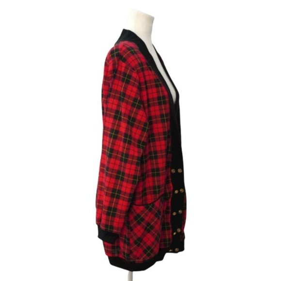 Red Black Plaid, Oversized Cardigan, Lightweight Over Shirt, Womens Size Medium, - Picture 3 of 10